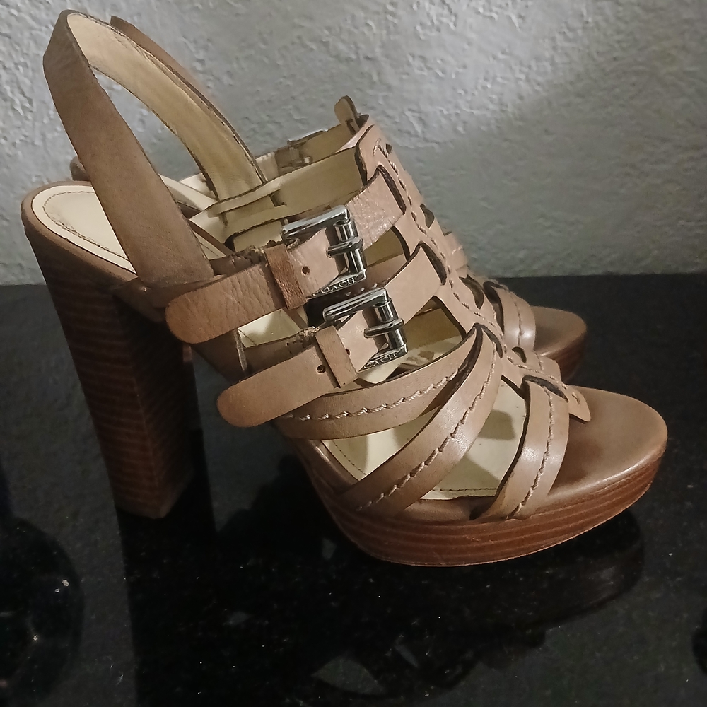 Coach Tan Strappy Platform Heels